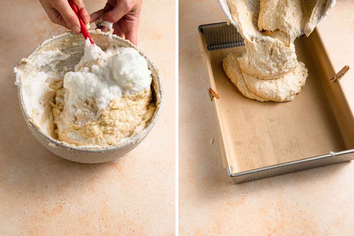 Side by side photos: egg whites being folded into coconut cake batter, then pouring the batter into the prepared pan.