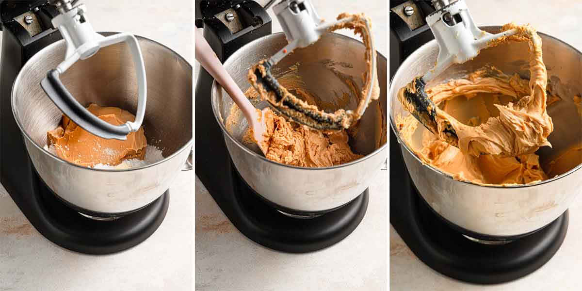 A trio of photos showing peanut butter frosting being mixed together in a stand mixer.