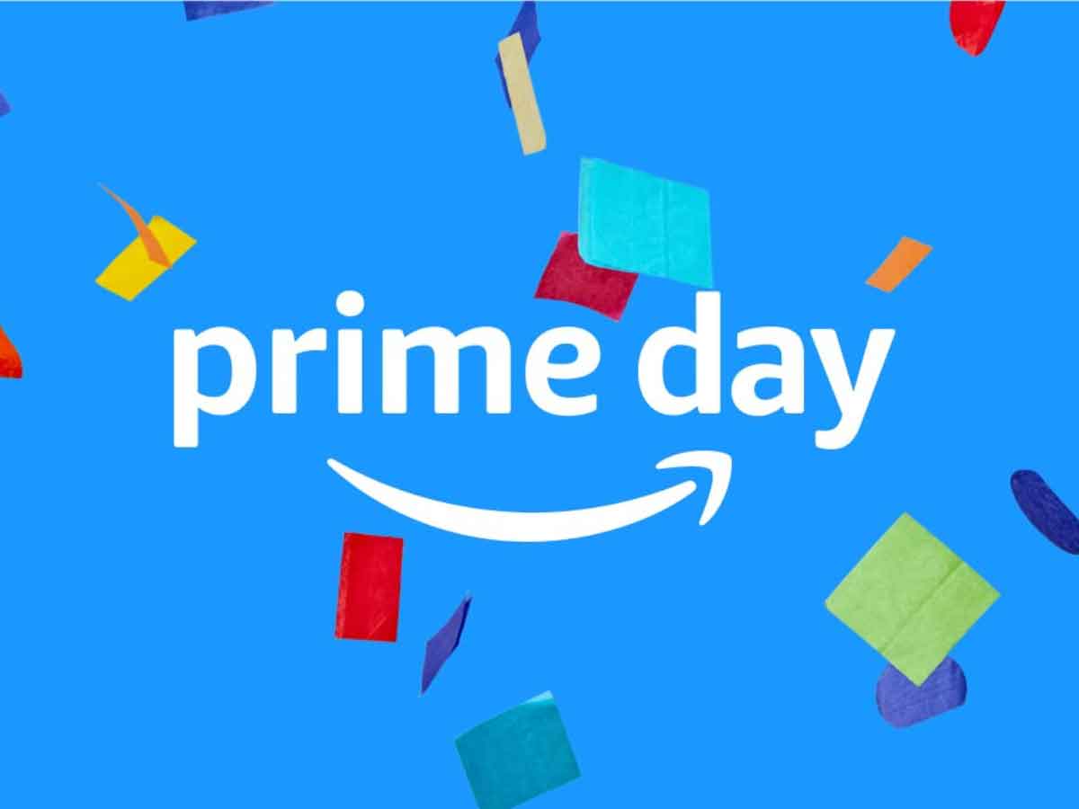 Amazon Prime Day graphic with a blue background and confetti.